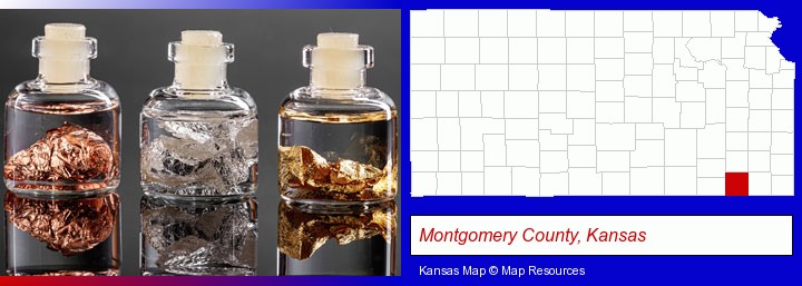 gold, silver, and copper nuggets; Montgomery County, Kansas highlighted in red on a map