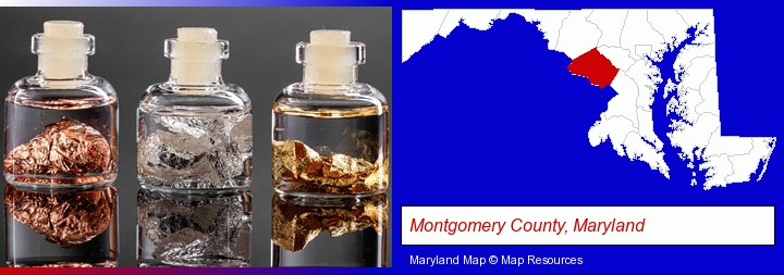 gold, silver, and copper nuggets; Montgomery County, Maryland highlighted in red on a map