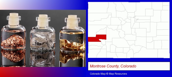 gold, silver, and copper nuggets; Montrose County, Colorado highlighted in red on a map