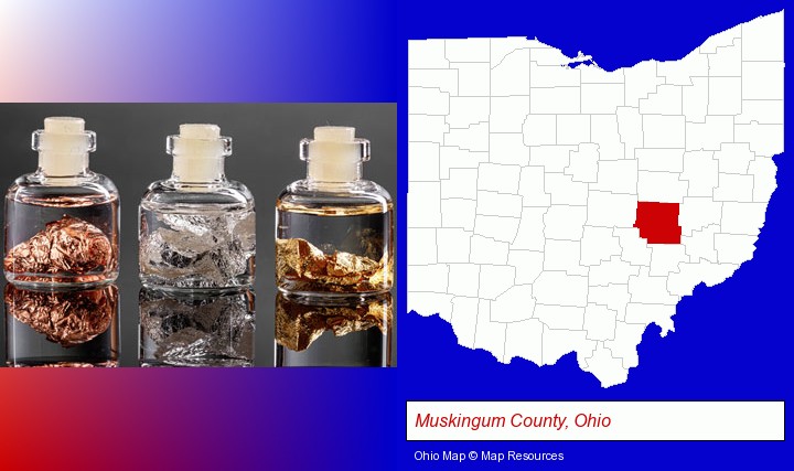 gold, silver, and copper nuggets; Muskingum County, Ohio highlighted in red on a map