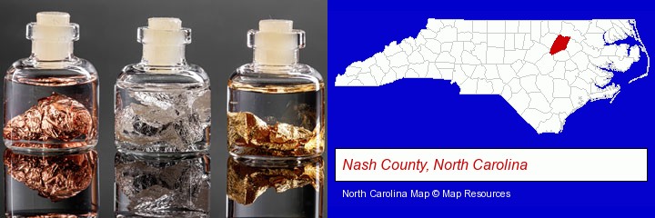 gold, silver, and copper nuggets; Nash County, North Carolina highlighted in red on a map
