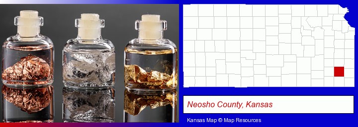 gold, silver, and copper nuggets; Neosho County, Kansas highlighted in red on a map