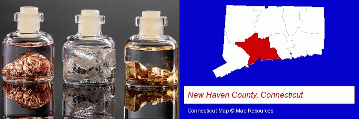 gold, silver, and copper nuggets; New Haven County, Connecticut highlighted in red on a map