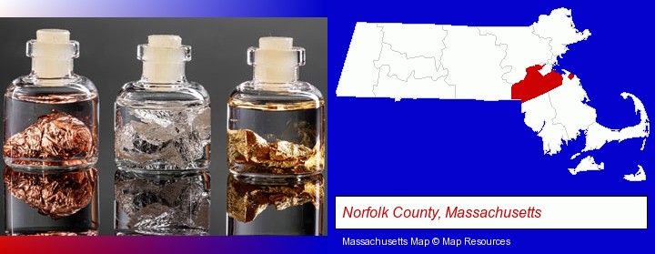 gold, silver, and copper nuggets; Norfolk County, Massachusetts highlighted in red on a map