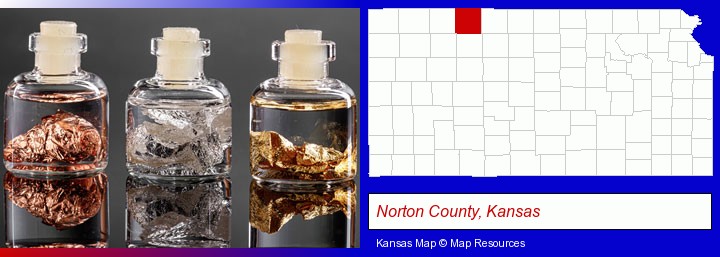 gold, silver, and copper nuggets; Norton County, Kansas highlighted in red on a map