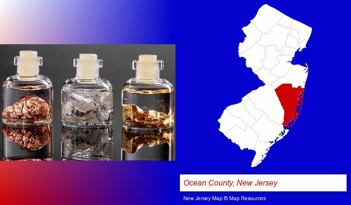 gold, silver, and copper nuggets; Ocean County, New Jersey highlighted in red on a map