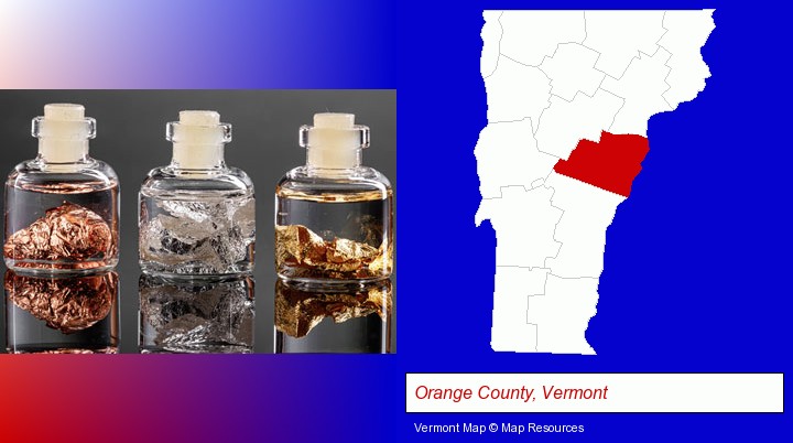 gold, silver, and copper nuggets; Orange County, Vermont highlighted in red on a map