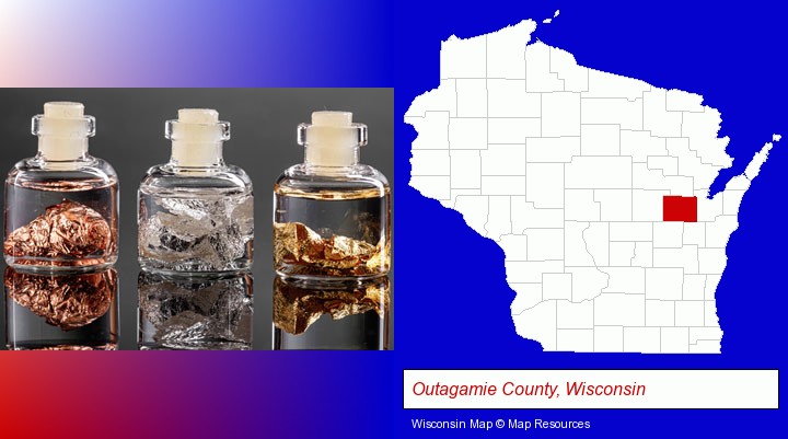 gold, silver, and copper nuggets; Outagamie County, Wisconsin highlighted in red on a map