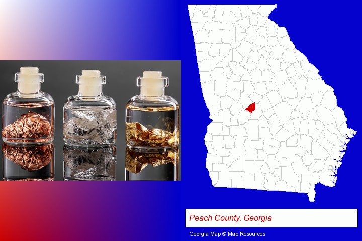 gold, silver, and copper nuggets; Peach County, Georgia highlighted in red on a map