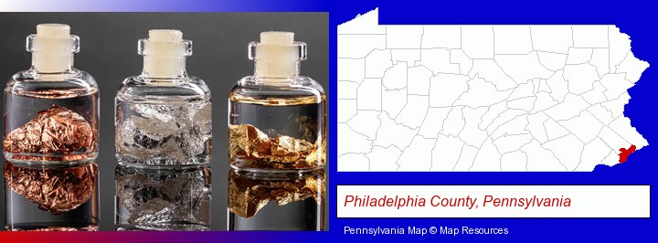 gold, silver, and copper nuggets; Philadelphia County, Pennsylvania highlighted in red on a map