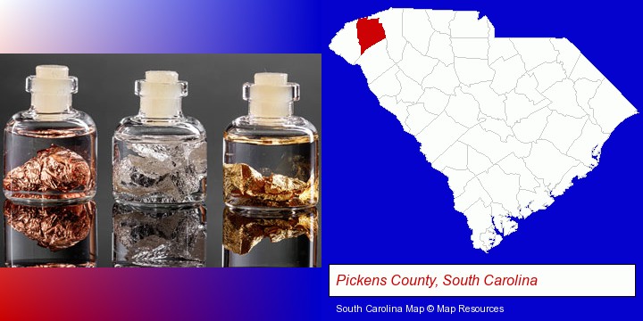 gold, silver, and copper nuggets; Pickens County, South Carolina highlighted in red on a map