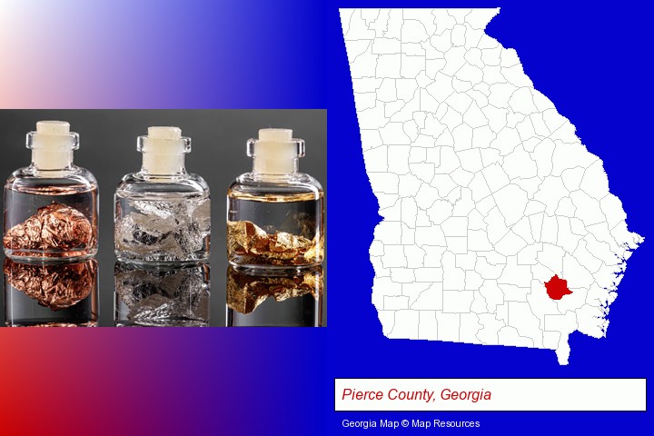gold, silver, and copper nuggets; Pierce County, Georgia highlighted in red on a map