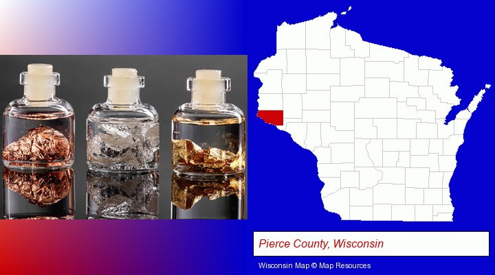 gold, silver, and copper nuggets; Pierce County, Wisconsin highlighted in red on a map