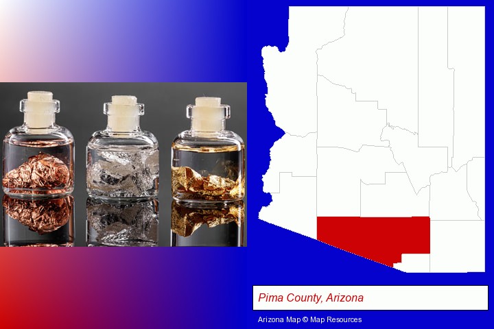 gold, silver, and copper nuggets; Pima County, Arizona highlighted in red on a map