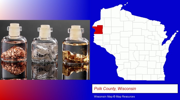 gold, silver, and copper nuggets; Polk County, Wisconsin highlighted in red on a map