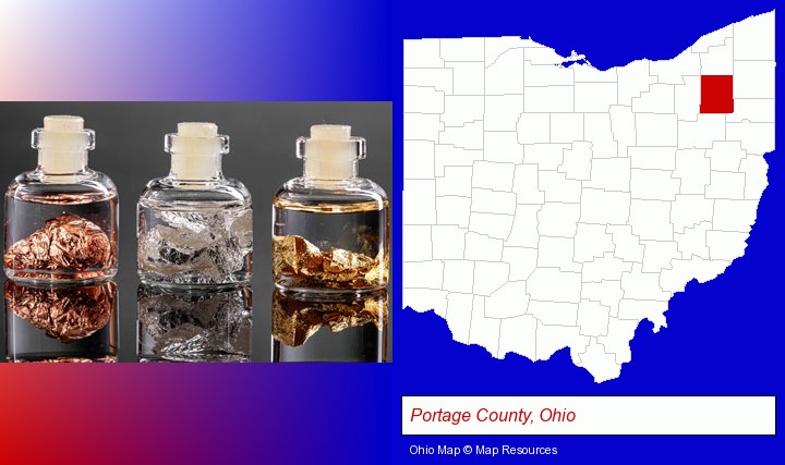 gold, silver, and copper nuggets; Portage County, Ohio highlighted in red on a map