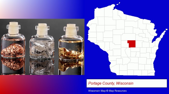 gold, silver, and copper nuggets; Portage County, Wisconsin highlighted in red on a map