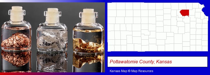 gold, silver, and copper nuggets; Pottawatomie County, Kansas highlighted in red on a map