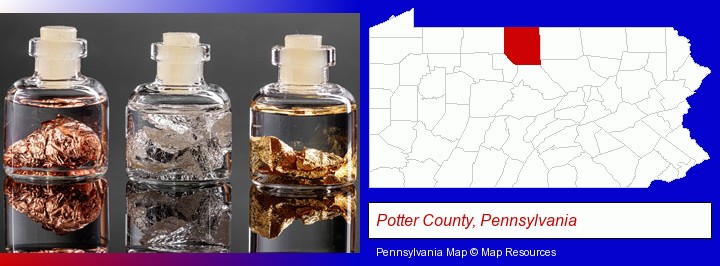 gold, silver, and copper nuggets; Potter County, Pennsylvania highlighted in red on a map