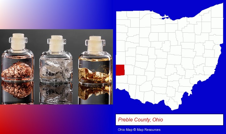 gold, silver, and copper nuggets; Preble County, Ohio highlighted in red on a map