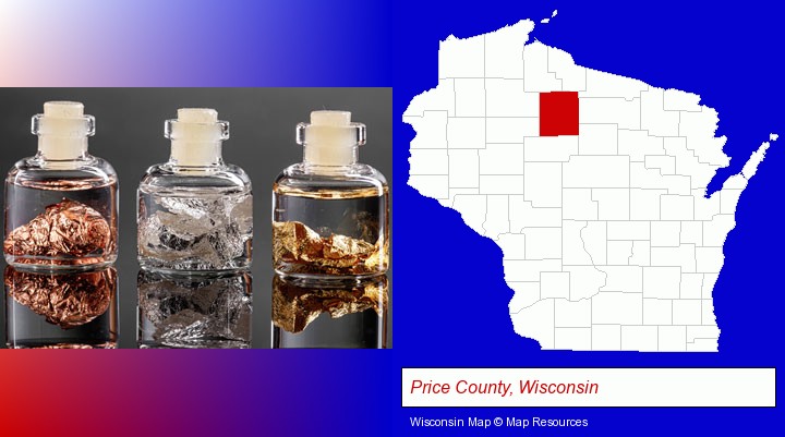 gold, silver, and copper nuggets; Price County, Wisconsin highlighted in red on a map