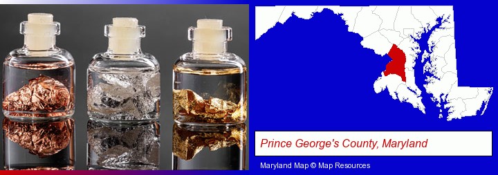 gold, silver, and copper nuggets; Prince George's County, Maryland highlighted in red on a map