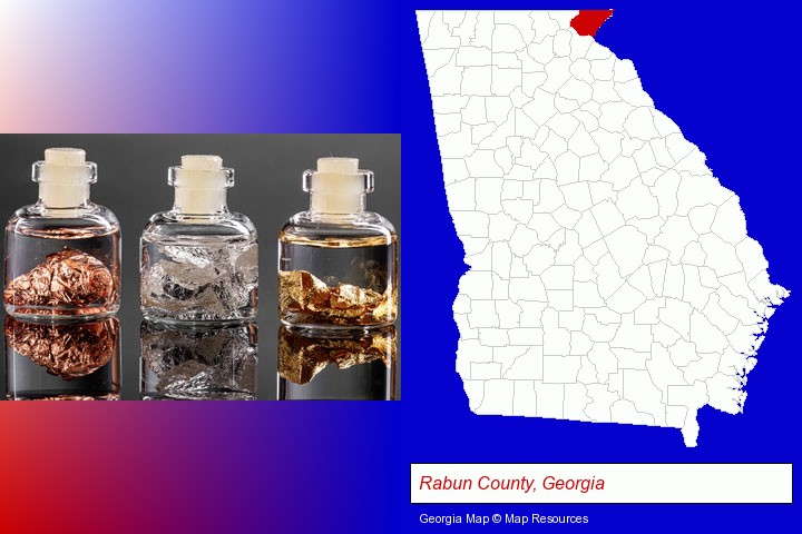 gold, silver, and copper nuggets; Rabun County, Georgia highlighted in red on a map