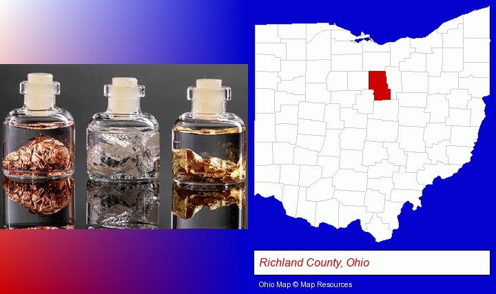 gold, silver, and copper nuggets; Richland County, Ohio highlighted in red on a map