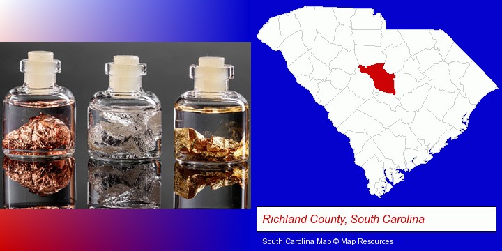gold, silver, and copper nuggets; Richland County, South Carolina highlighted in red on a map