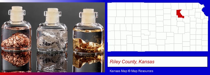 gold, silver, and copper nuggets; Riley County, Kansas highlighted in red on a map