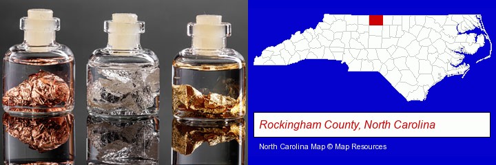 gold, silver, and copper nuggets; Rockingham County, North Carolina highlighted in red on a map