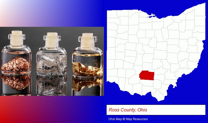 gold, silver, and copper nuggets; Ross County, Ohio highlighted in red on a map