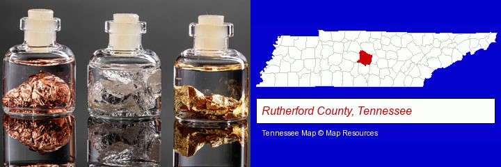 gold, silver, and copper nuggets; Rutherford County, Tennessee highlighted in red on a map
