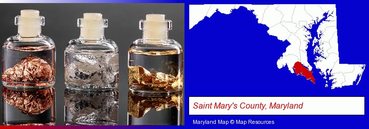 gold, silver, and copper nuggets; Saint Mary's County, Maryland highlighted in red on a map