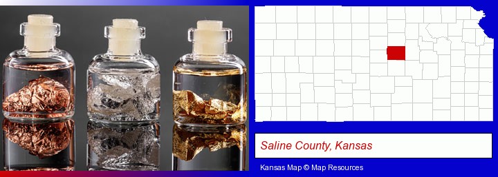 gold, silver, and copper nuggets; Saline County, Kansas highlighted in red on a map