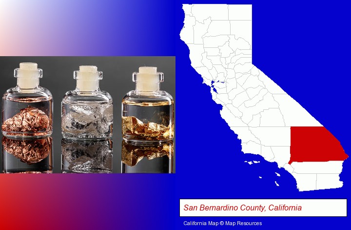 gold, silver, and copper nuggets; San Bernardino County, California highlighted in red on a map