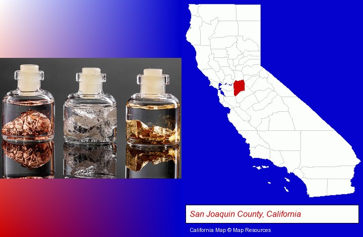 gold, silver, and copper nuggets; San Joaquin County, California highlighted in red on a map