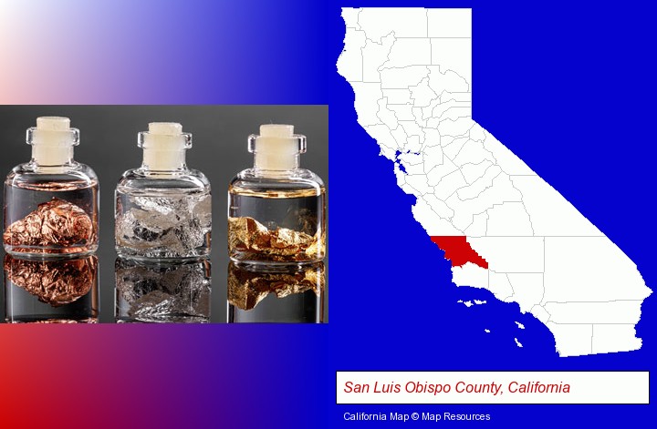 gold, silver, and copper nuggets; San Luis Obispo County, California highlighted in red on a map