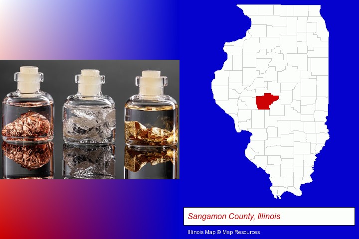 gold, silver, and copper nuggets; Sangamon County, Illinois highlighted in red on a map