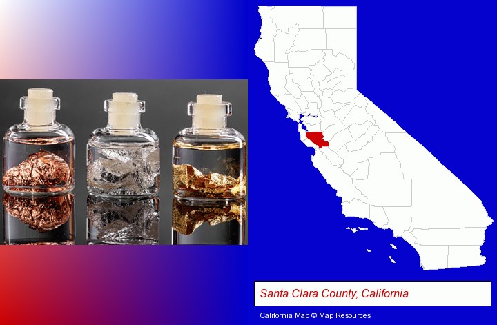 gold, silver, and copper nuggets; Santa Clara County, California highlighted in red on a map