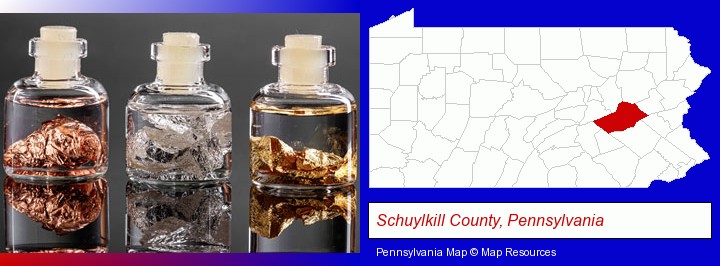 gold, silver, and copper nuggets; Schuylkill County, Pennsylvania highlighted in red on a map