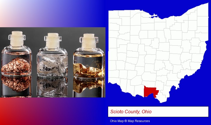 gold, silver, and copper nuggets; Scioto County, Ohio highlighted in red on a map