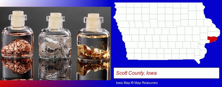 gold, silver, and copper nuggets; Scott County, Iowa highlighted in red on a map