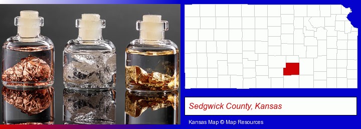 gold, silver, and copper nuggets; Sedgwick County, Kansas highlighted in red on a map