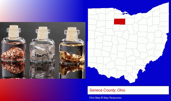 gold, silver, and copper nuggets; Seneca County, Ohio highlighted in red on a map
