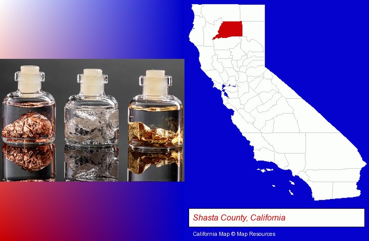 gold, silver, and copper nuggets; Shasta County, California highlighted in red on a map