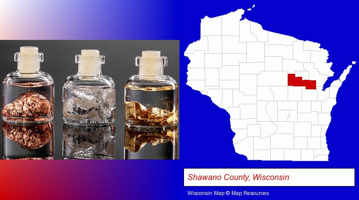 gold, silver, and copper nuggets; Shawano County, Wisconsin highlighted in red on a map