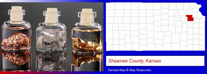 gold, silver, and copper nuggets; Shawnee County, Kansas highlighted in red on a map