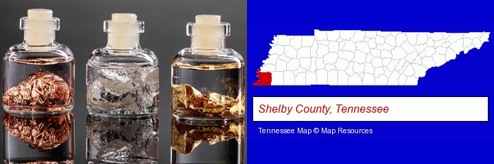 gold, silver, and copper nuggets; Shelby County, Tennessee highlighted in red on a map