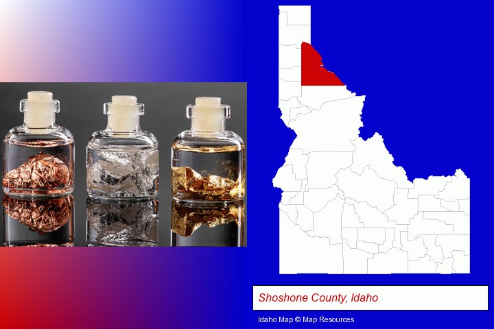 gold, silver, and copper nuggets; Shoshone County, Idaho highlighted in red on a map